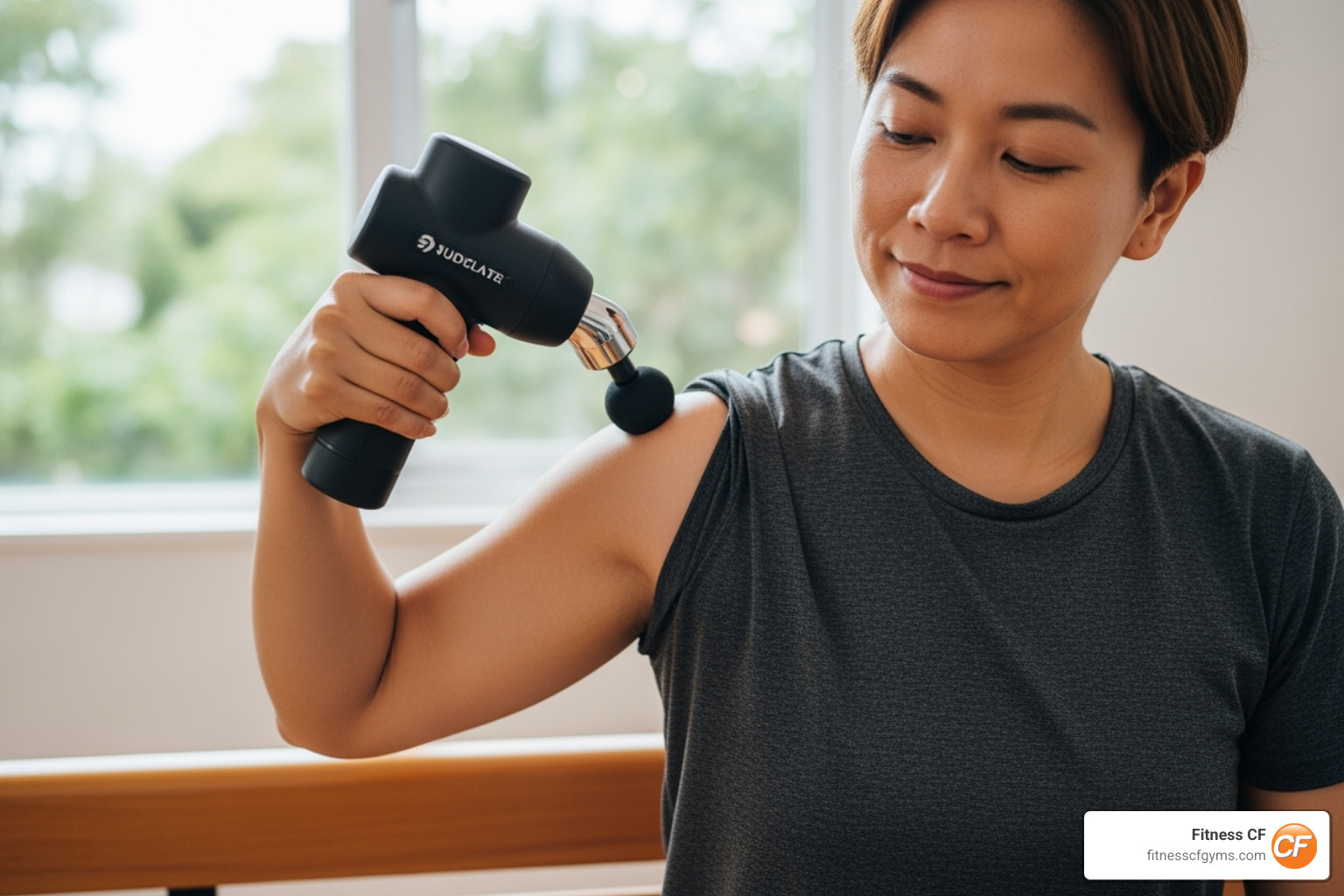 person using massage gun on shoulder - how to ease pain after workout