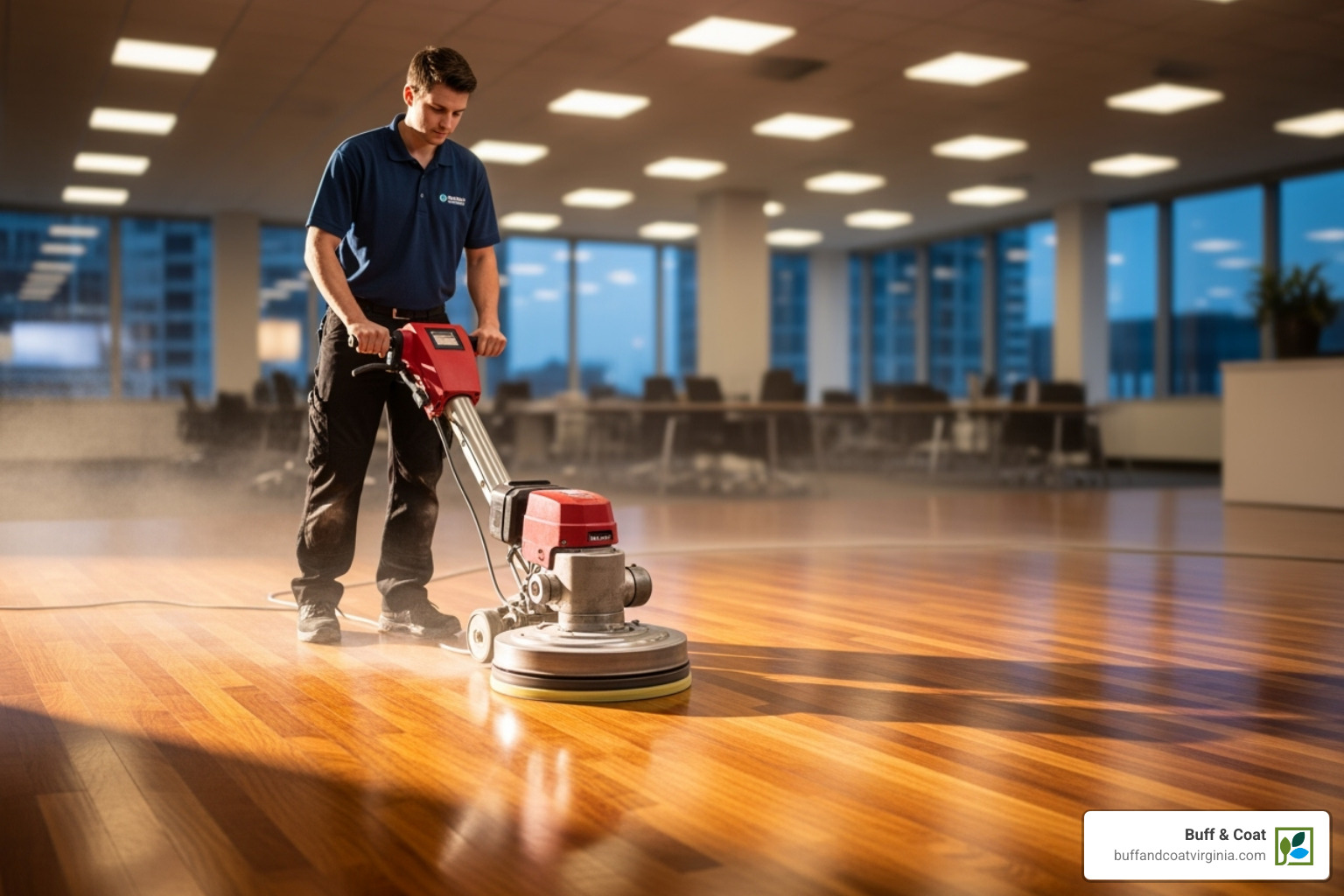professional using a floor buffer - wood floor stain removal professional using a floor buffer - wood floor stain removal