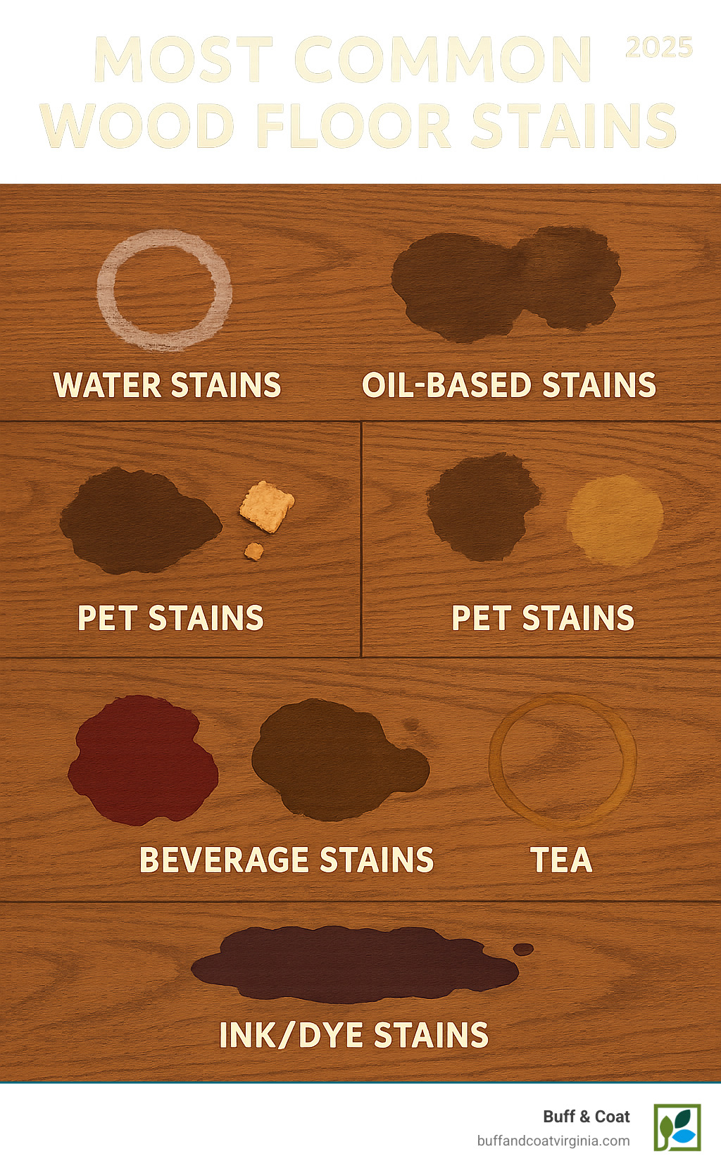 Common wood floor stains infographic showing water stains (white rings and dark spots), oil-based stains (grease and food), pet stains (urine and accidents), beverage stains (wine, coffee, tea), and ink/dye stains with visual examples of each type - wood floor stain removal infographic Common wood floor stains infographic showing water stains (white rings and dark spots), oil-based stains (grease and food), pet stains (urine and accidents), beverage stains (wine, coffee, tea), and ink/dye stains with visual examples of each type - wood floor stain removal infographic