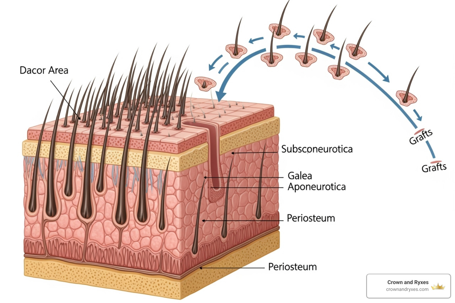 Illustration showing a cross-section of the scalp with a donor area at the back of the head and a recipient area at the front, with arrows indicating the movement of hair follicles from the donor to the recipient site - hair restoration information