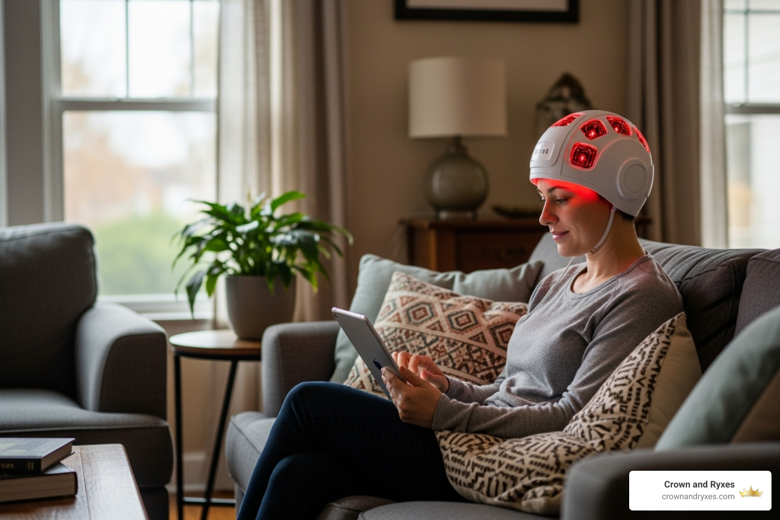 A person using a low-level laser therapy cap at home - hair restoration information
