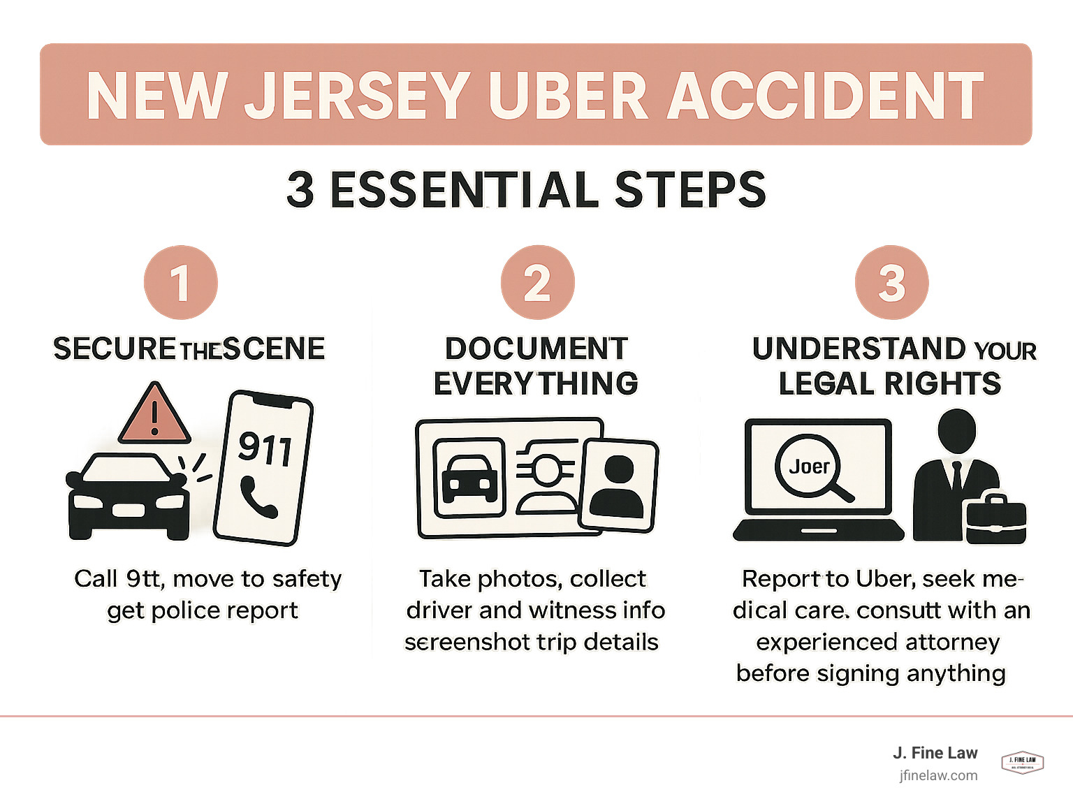 Infographic explaining the 3 essential steps after a New Jersey Uber accident: 1. Secure the Scene - Call 911, move to safety, get police report; 2. Document Everything - Take photos, collect driver and witness info, screenshot trip details; 3. Understand Your Legal Rights - Report to Uber, seek medical care, consult with an experienced attorney before signing anything - New Jersey Uber accident infographic 