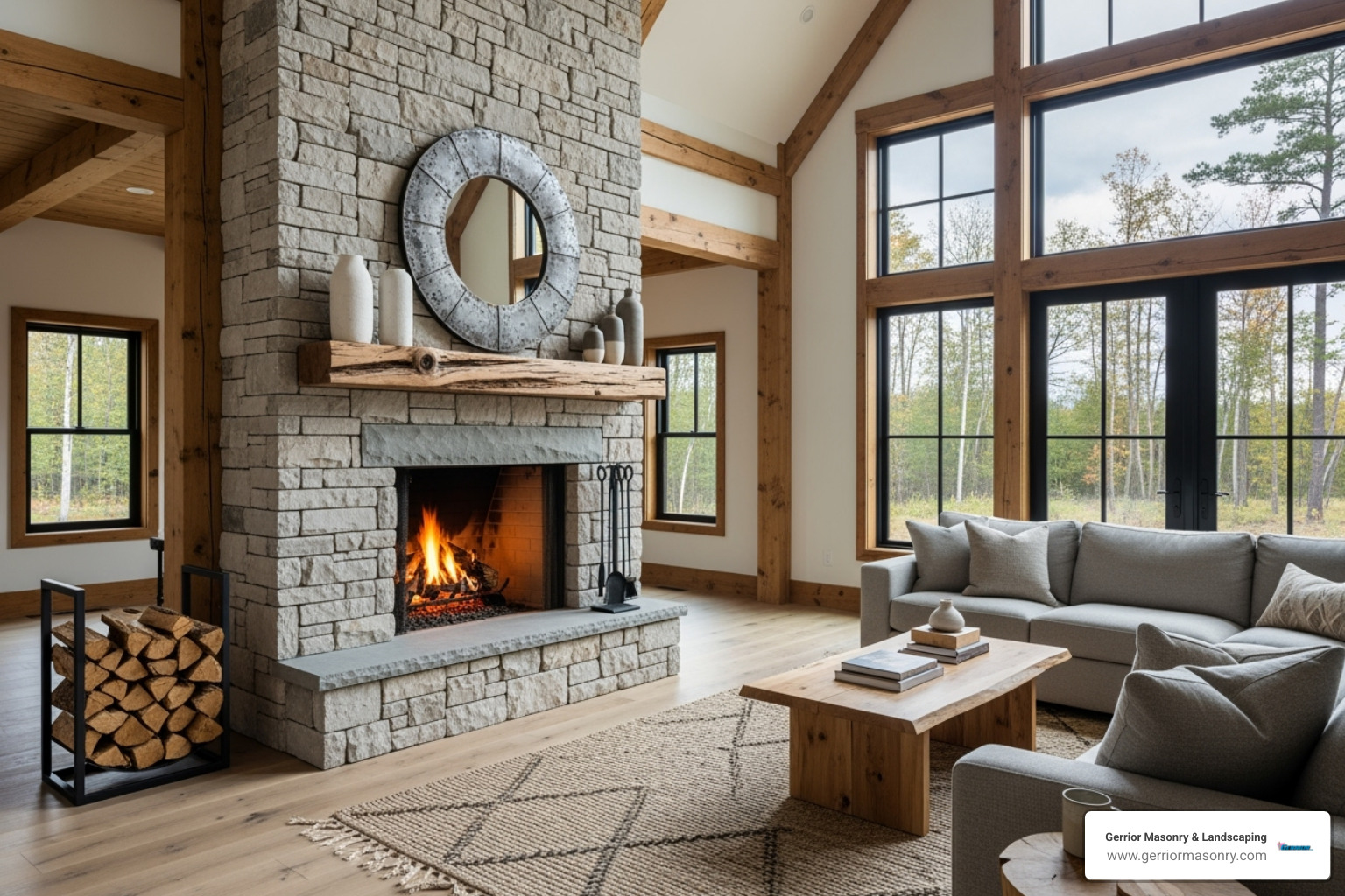 A grand, floor-to-ceiling fireplace made of stacked, light-colored stone, with a rustic wooden mantelpiece and a neatly stacked pile of firewood to one side. The fireplace is the central feature of a spacious, modern rustic living room with high ceilings and large windows. - Fireplace design ideas A grand, floor-to-ceiling fireplace made of stacked, light-colored stone, with a rustic wooden mantelpiece and a neatly stacked pile of firewood to one side. The fireplace is the central feature of a spacious, modern rustic living room with high ceilings and large windows. - Fireplace design ideas