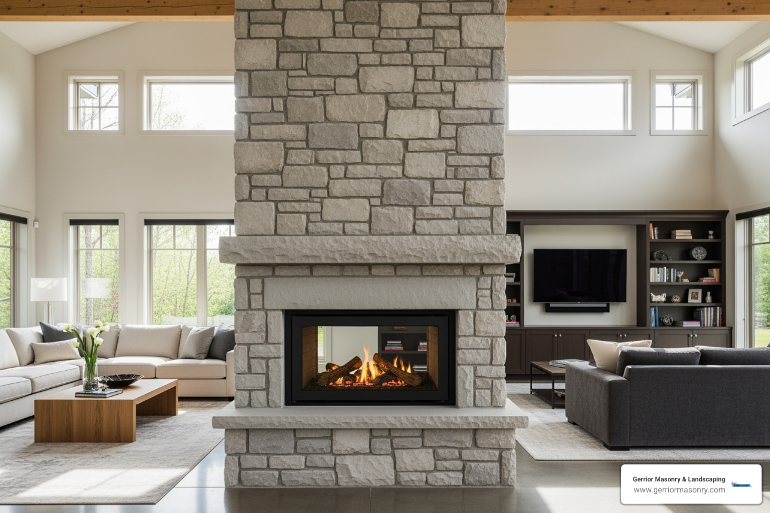 A grand, two-sided stone fireplace with a sleek, modern insert, acting as a striking divider between two distinct living areas within an expansive, open-concept home. - Fireplace design ideas A grand, two-sided stone fireplace with a sleek, modern insert, acting as a striking divider between two distinct living areas within an expansive, open-concept home. - Fireplace design ideas