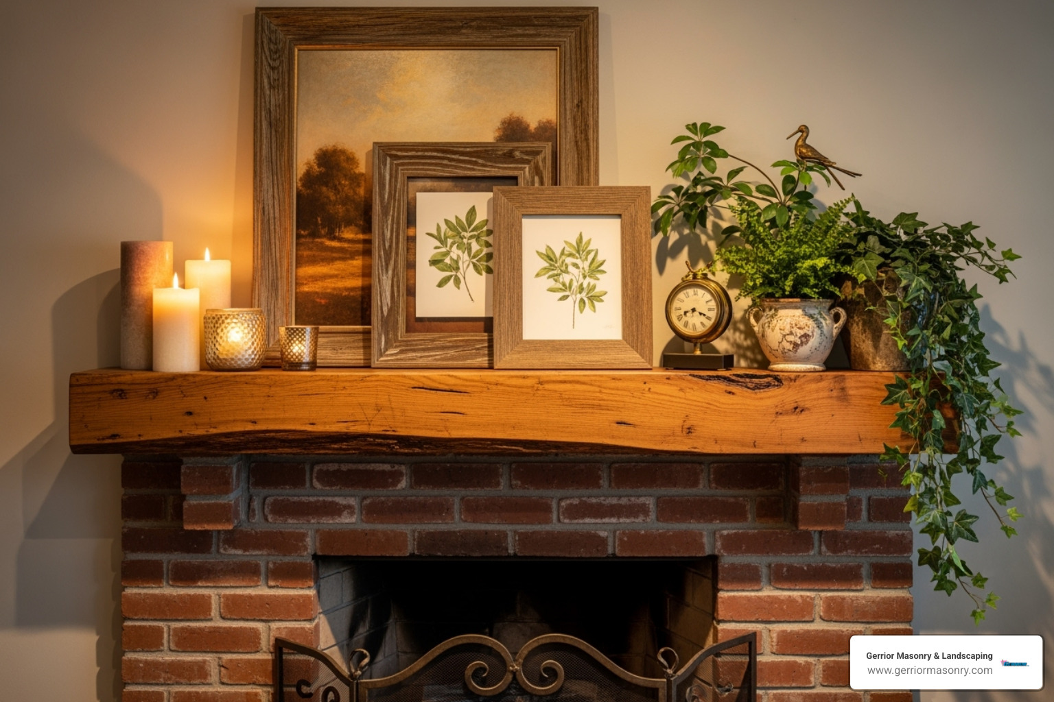 A beautifully styled rustic mantelpiece above a brick fireplace, adorned with layered artwork, candles, and lush green plants in decorative pots. - Fireplace design ideas A beautifully styled rustic mantelpiece above a brick fireplace, adorned with layered artwork, candles, and lush green plants in decorative pots. - Fireplace design ideas