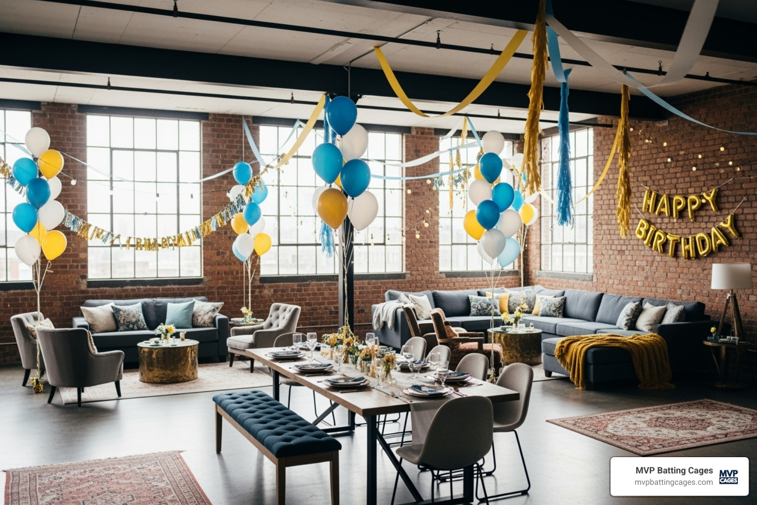 Unique loft space decorated for a party - places to rent for birthday parties