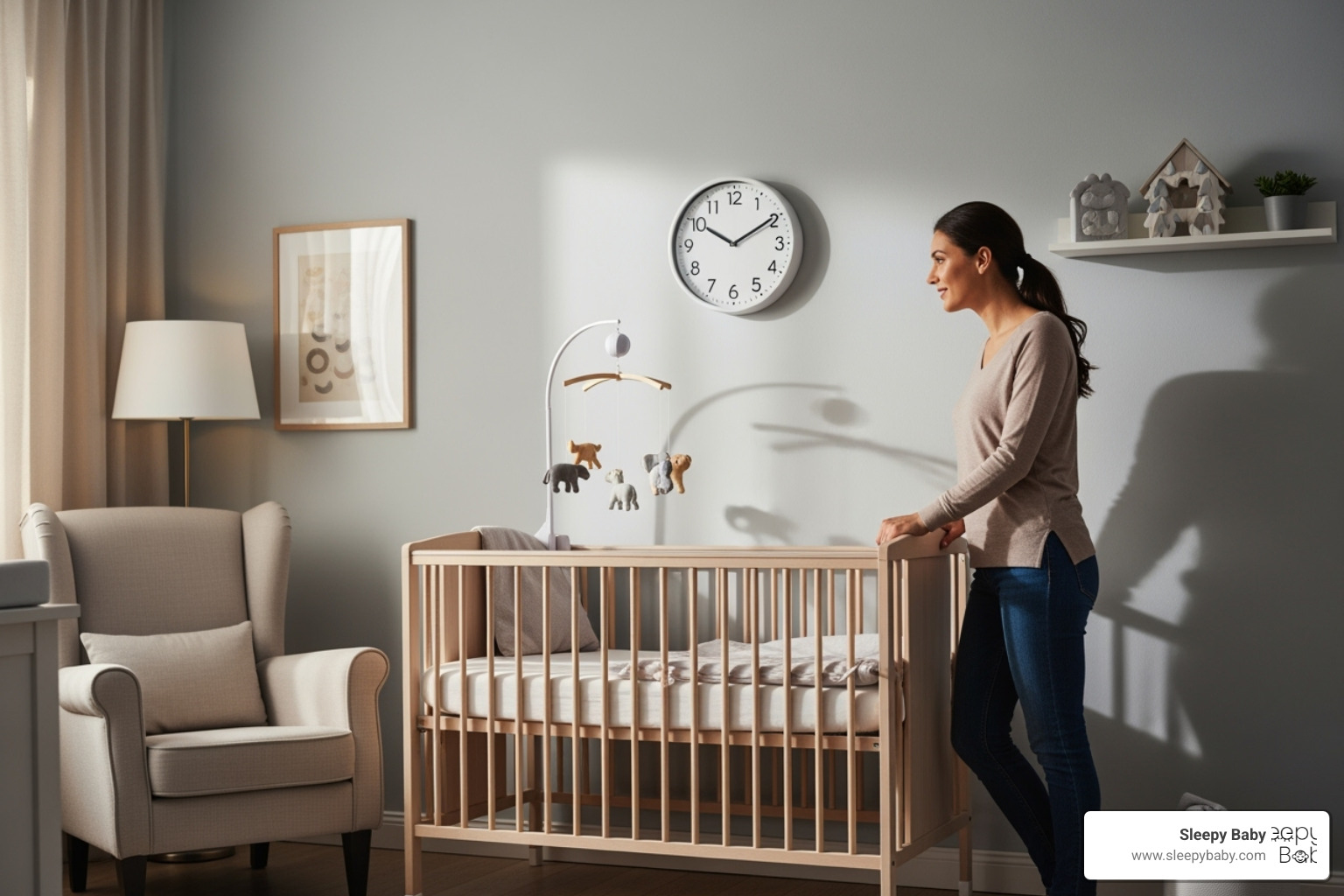 parent looking at clock in nursery - how to soothe overtired baby parent looking at clock in nursery - how to soothe overtired baby