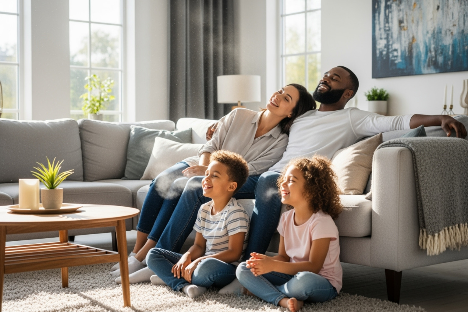 a satisfied family breathing clean air in their home - improved indoor air quality
