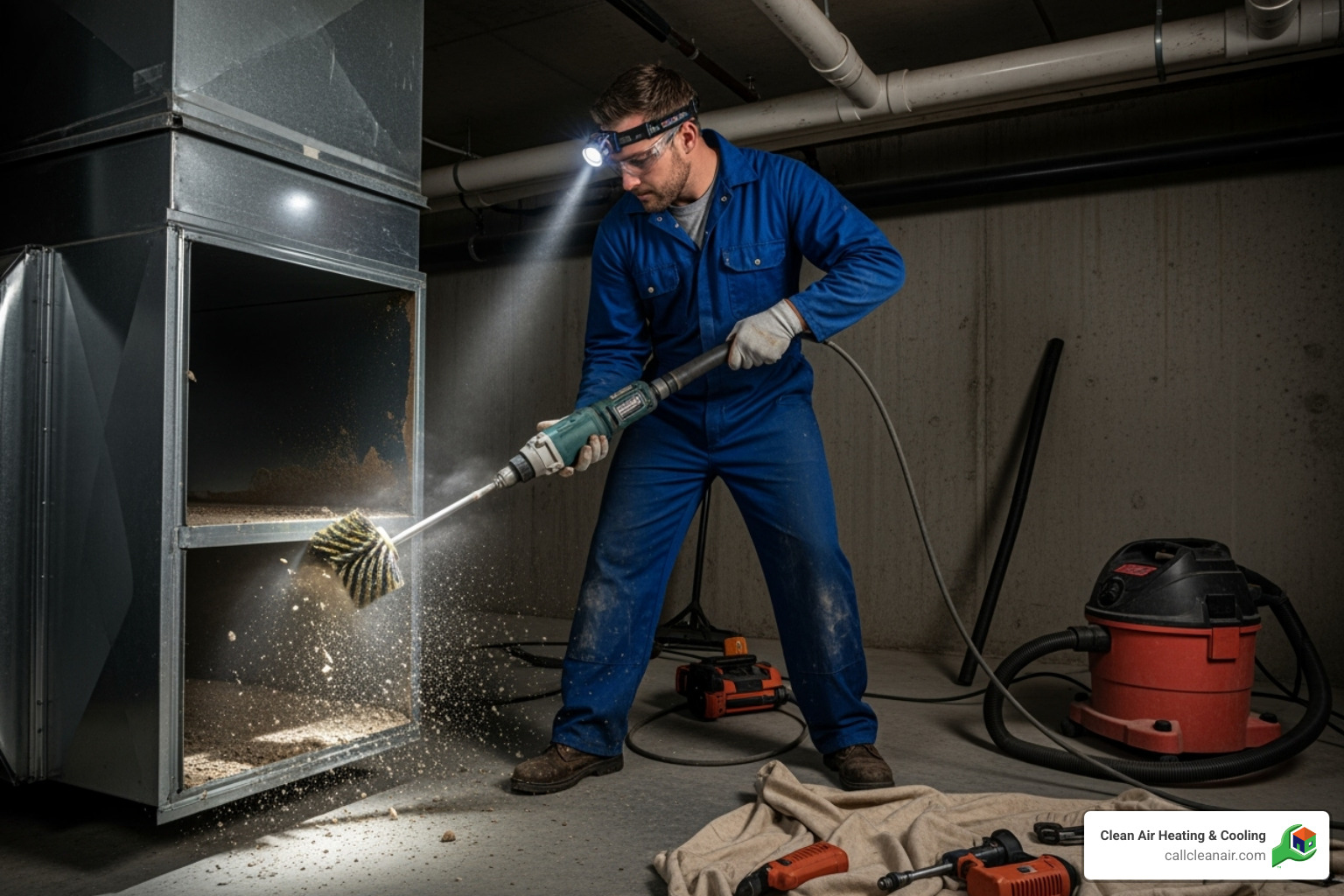 Professional using a rotary brush inside a duct - is duct cleaning worth it