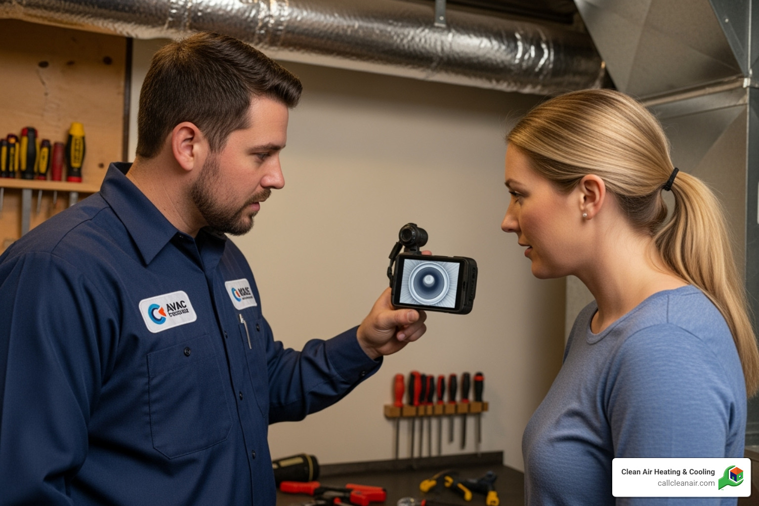 Certified technician showing a homeowner a clean duct on a camera screen - is duct cleaning worth it