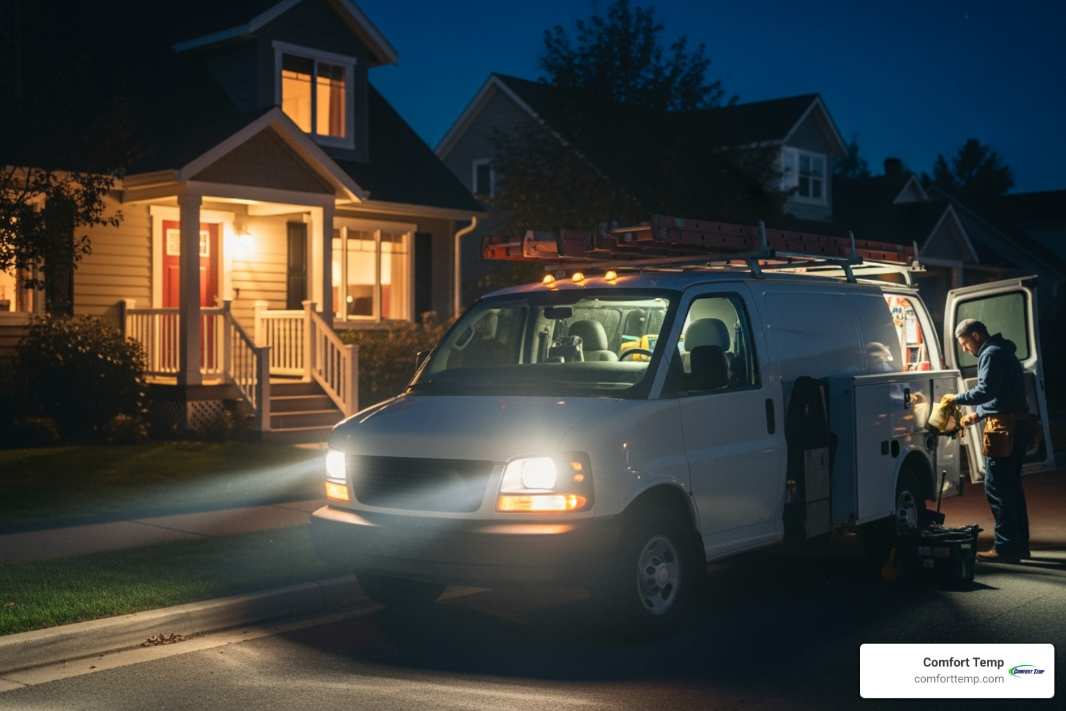 service van arriving at a home at night - 24 hour ac unit repair service van arriving at a home at night - 24 hour ac unit repair