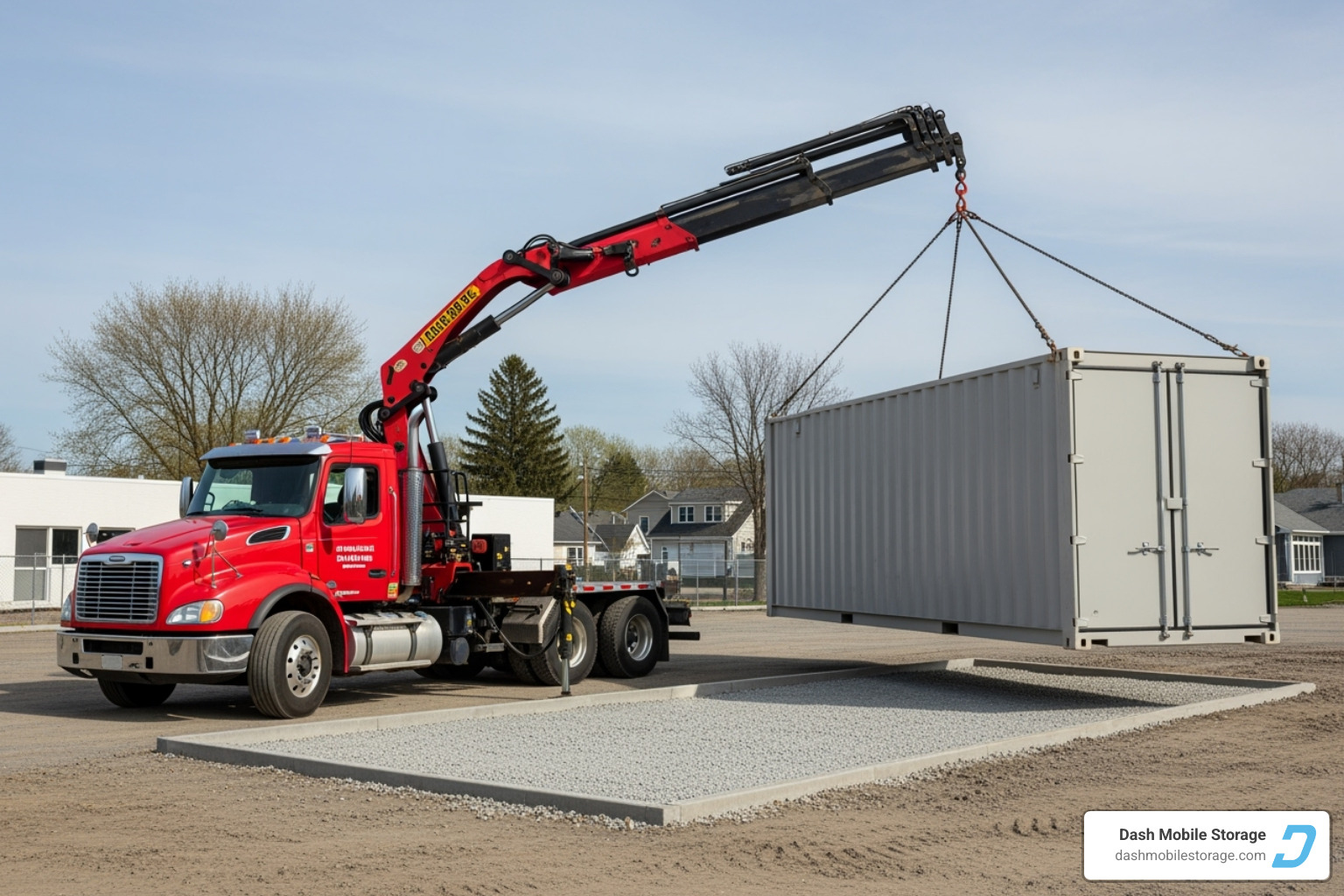 delivery truck placing a container on a prepared, level surface - containers for hire near me