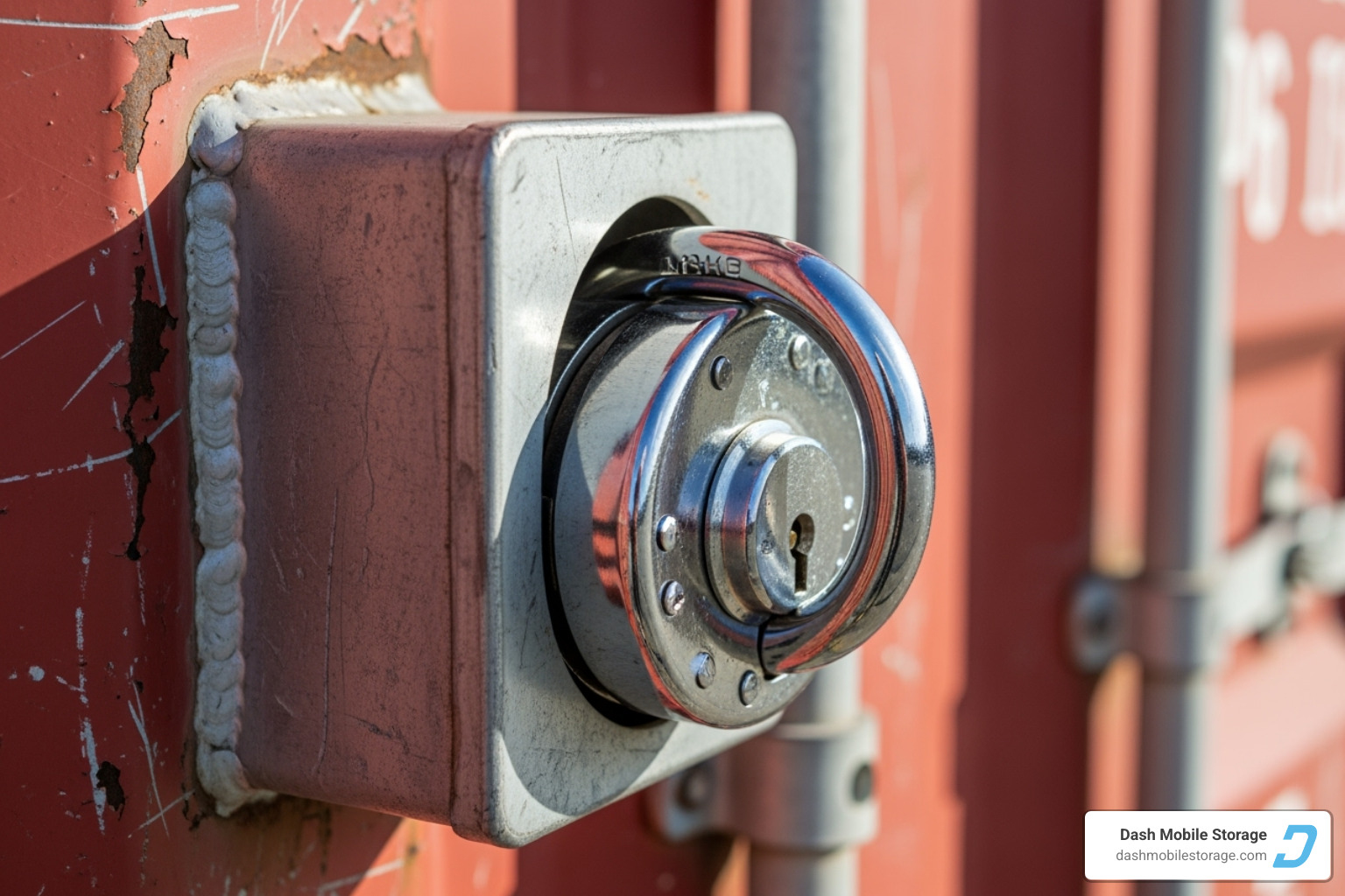 high-security disc lock on a container's lockbox - containers for hire near me