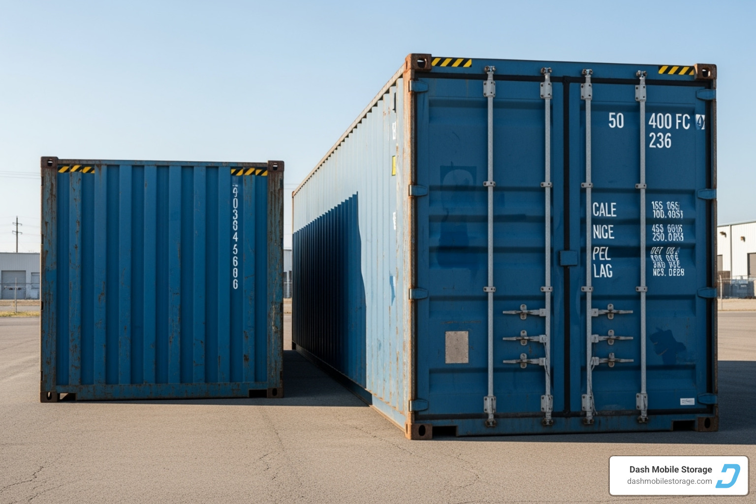 20-foot and 40-foot storage containers side-by-side for size comparison - containers for hire near me