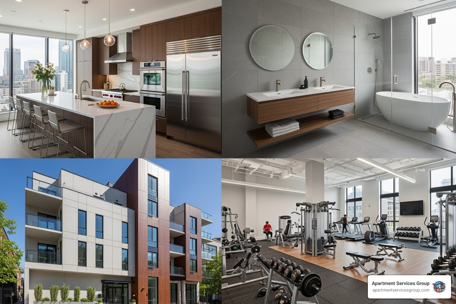 Collage showcasing different types of renovations: a modern kitchen, a stylish bathroom, a new building facade, and a luxury fitness center - multifamily renovation companies