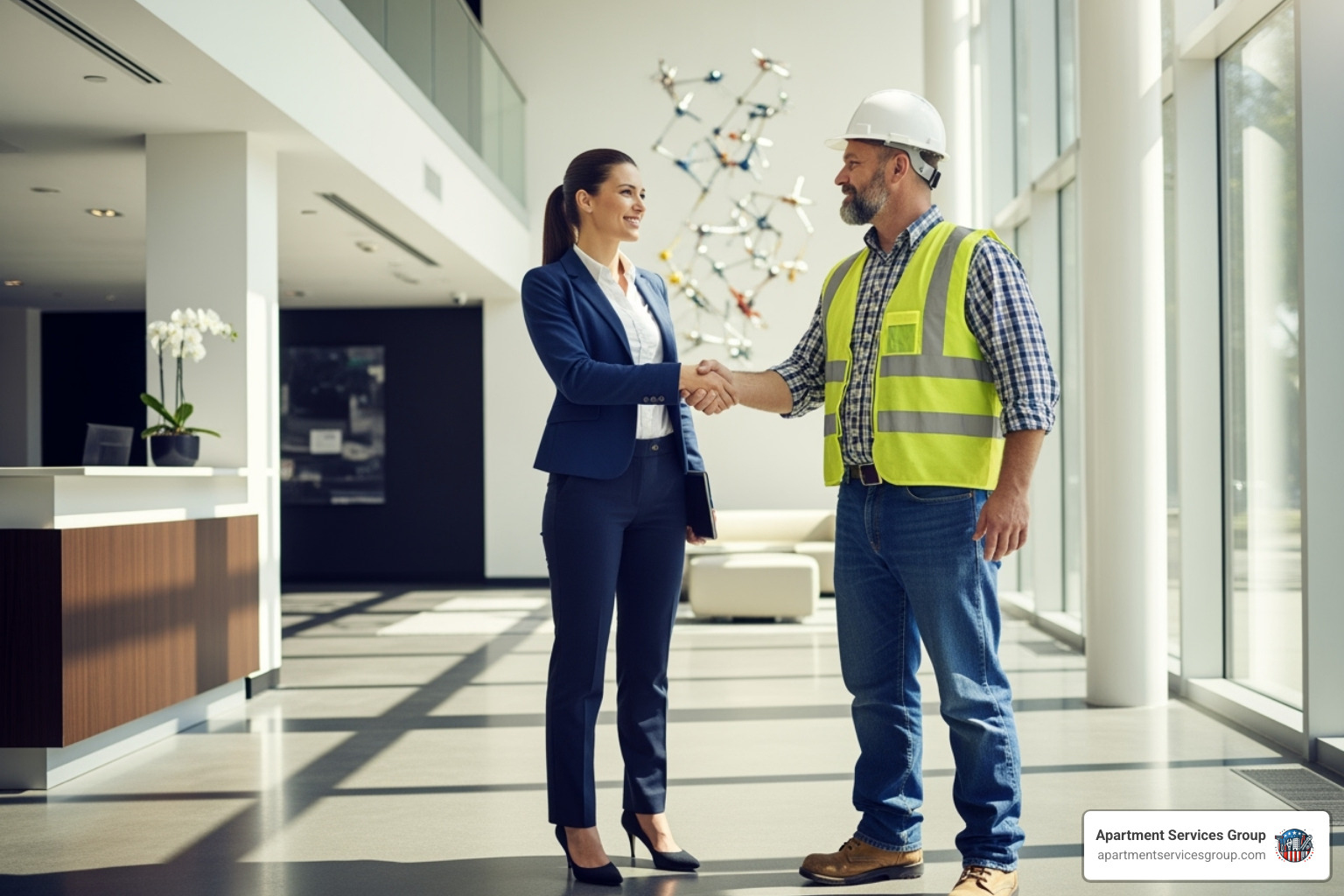Property manager shaking hands with a contractor - multifamily renovation companies