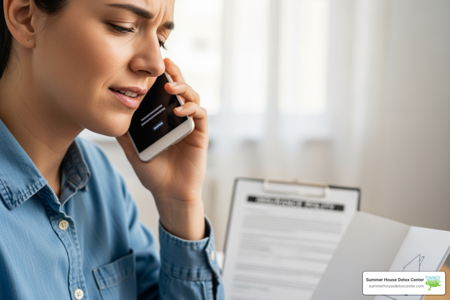 person on the phone, looking relieved, discussing insurance - drug and alcohol rehab in miami