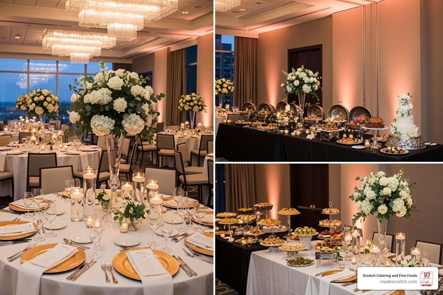 Sleek, modern ballroom decorated for a wedding, with neat catering displays - Frisco wedding venues