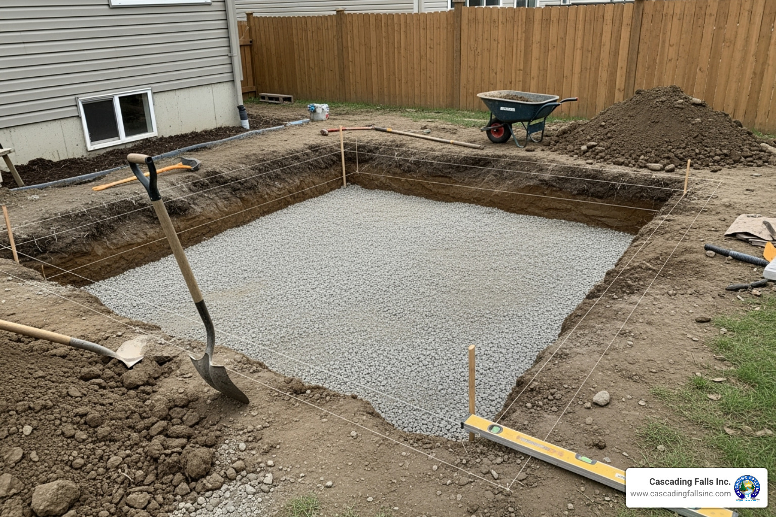 worksite showing excavated area with string lines - building a paver patio with retaining wall