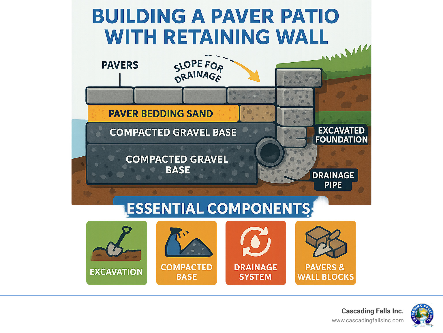 Detailed cross-section diagram showing the essential components of a paver patio and retaining wall system, including excavated foundation, compacted gravel base layers, drainage pipe with filter fabric, interlocking wall blocks, paver bedding sand, and finished paver surface with proper slope for water management - building a paver patio with retaining wall infographic 