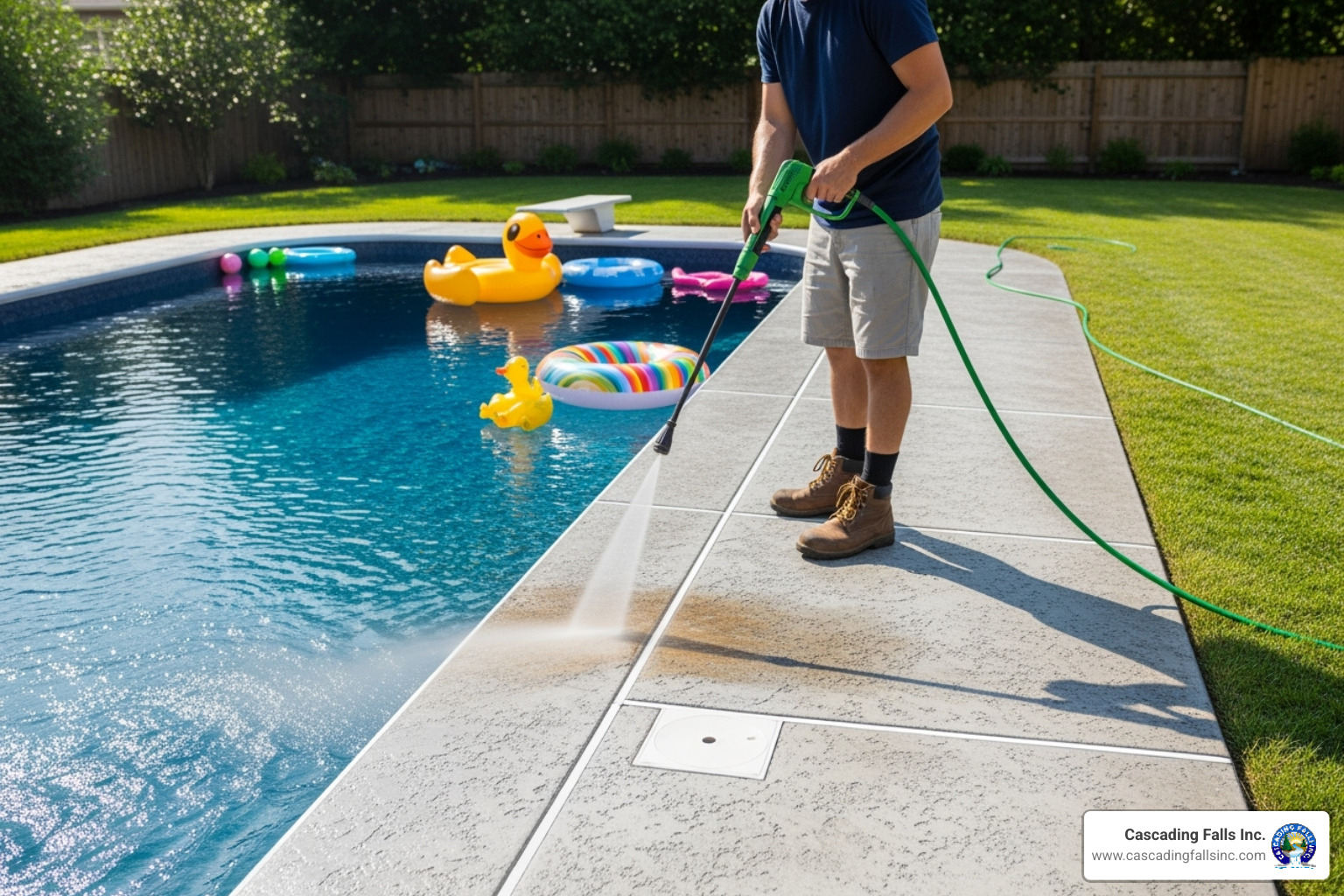 person cleaning concrete pool surround with hose - concrete pool surrounds person cleaning concrete pool surround with hose - concrete pool surrounds