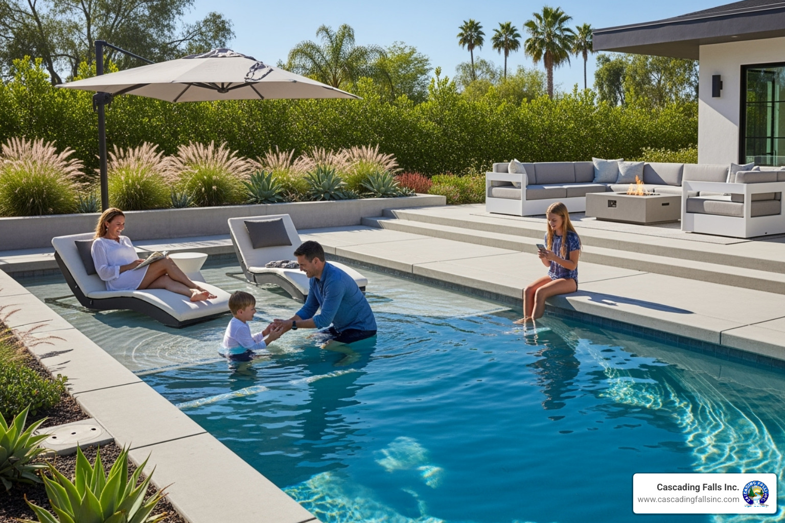 family enjoying stylish concrete pool area - concrete pool surrounds family enjoying stylish concrete pool area - concrete pool surrounds