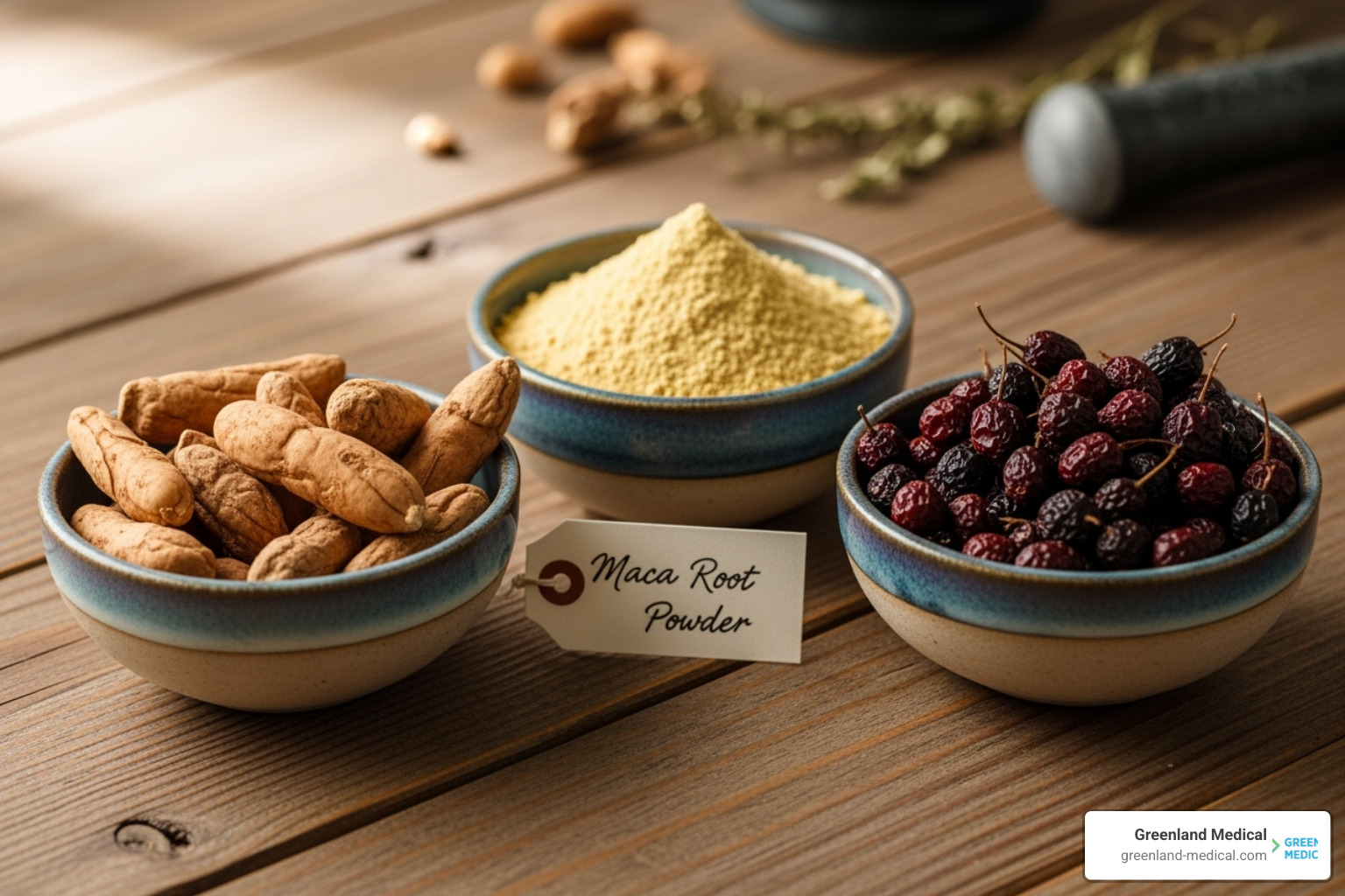 assorted herbs like Ashwagandha, Maca root, and Vitex berries in bowls - herbs for hormone balance