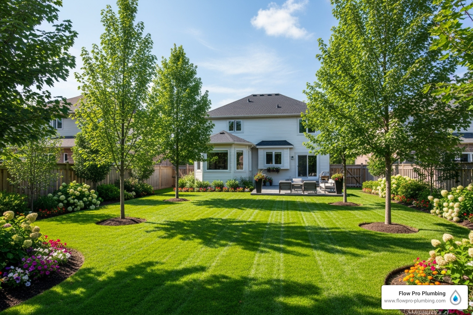 Proper landscaping with trees planted away from sewer lines. - Broken sewer pipe repair Proper landscaping with trees planted away from sewer lines. - Broken sewer pipe repair