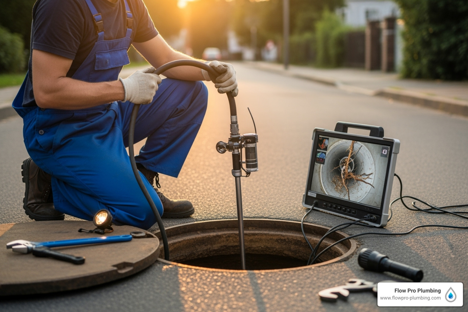 A plumber conducts a sewer camera inspection, with a camera on a flexible rod going into a pipe and a monitor displaying the live video feed. - Broken sewer pipe repair A plumber conducts a sewer camera inspection, with a camera on a flexible rod going into a pipe and a monitor displaying the live video feed. - Broken sewer pipe repair