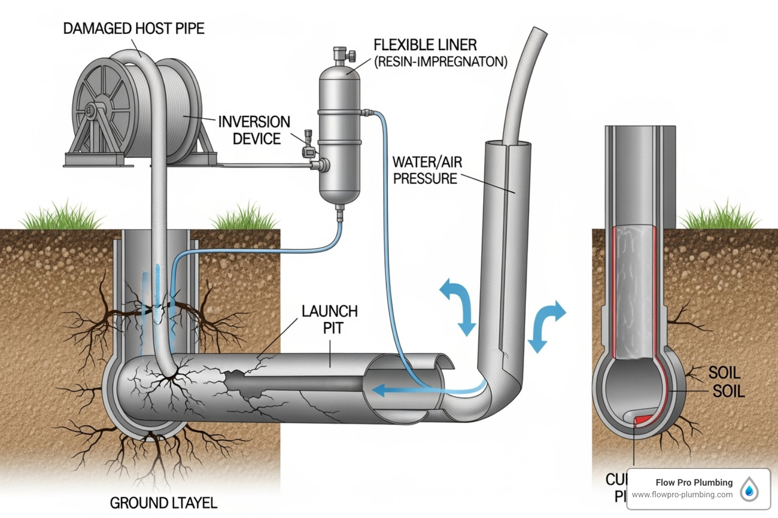 A diagram showing a trenchless pipe lining repair, with a new pipe being inserted into an old, damaged pipe. - Broken sewer pipe repair A diagram showing a trenchless pipe lining repair, with a new pipe being inserted into an old, damaged pipe. - Broken sewer pipe repair