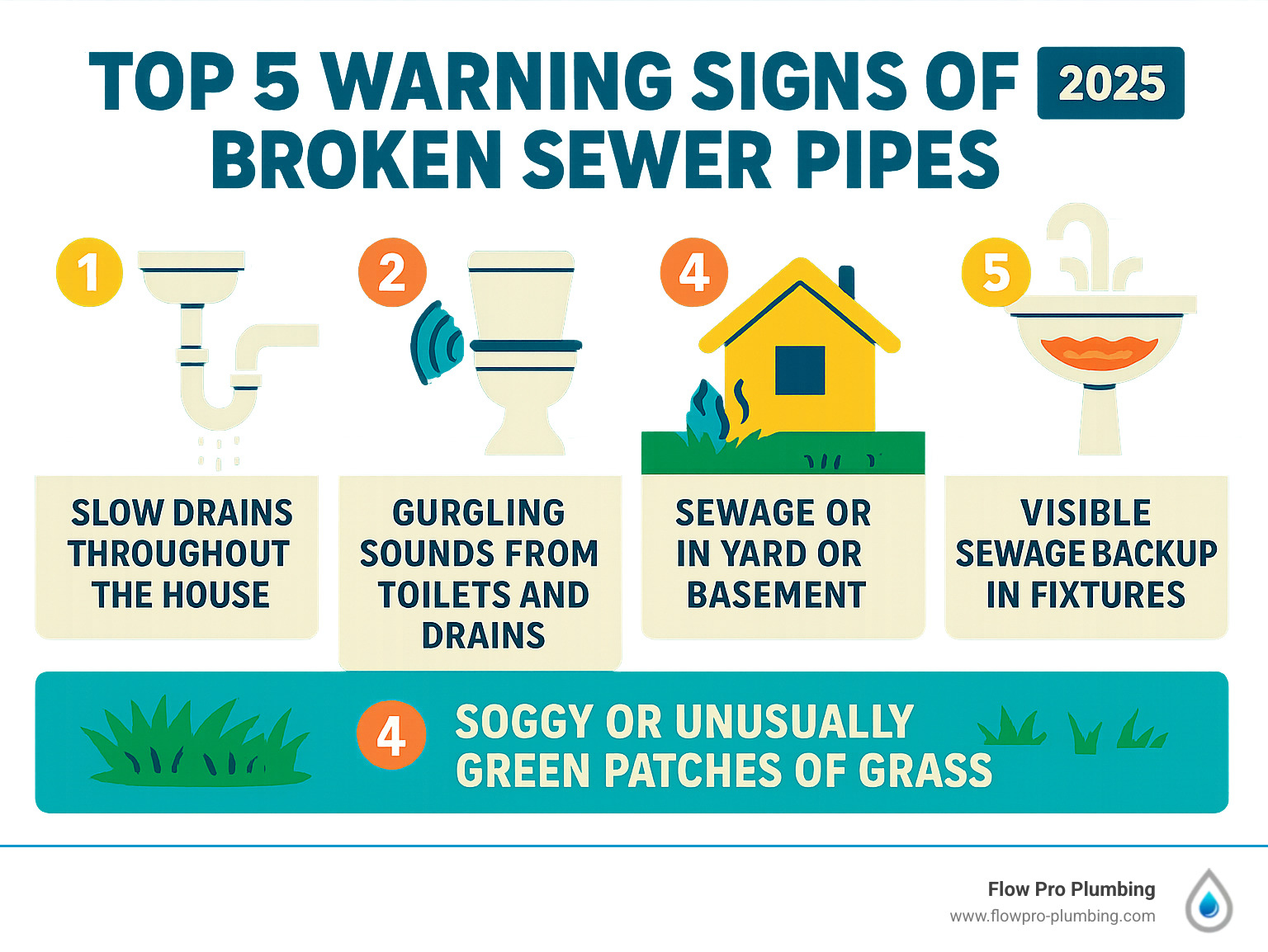 Infographic showing the top 5 warning signs of broken sewer pipes: slow drains throughout the house, gurgling sounds from toilets and drains, sewage odors in yard or basement, soggy or unusually green patches of grass, and visible sewage backup in fixtures - Broken sewer pipe repair infographic Infographic showing the top 5 warning signs of broken sewer pipes: slow drains throughout the house, gurgling sounds from toilets and drains, sewage odors in yard or basement, soggy or unusually green patches of grass, and visible sewage backup in fixtures - Broken sewer pipe repair infographic