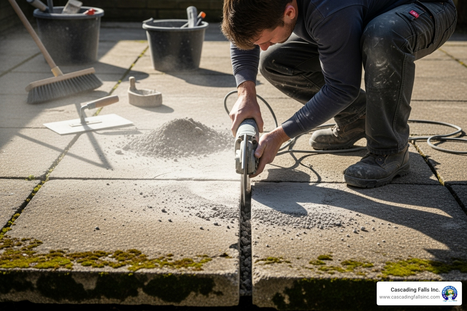 Contractor carefully repairing a crack in an old concrete slab, preparing it for a new overlay - stamped concrete overlay cost Contractor carefully repairing a crack in an old concrete slab, preparing it for a new overlay - stamped concrete overlay cost