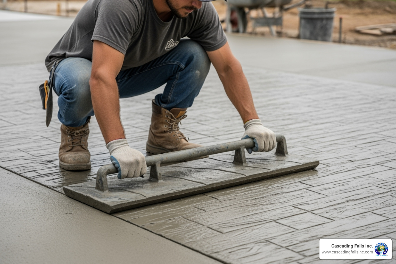 A skilled professional carefully using a stamp mat to create a realistic texture on a fresh concrete overlay - stamped concrete overlay cost A skilled professional carefully using a stamp mat to create a realistic texture on a fresh concrete overlay - stamped concrete overlay cost