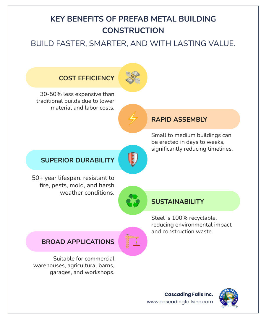 Infographic showing the key benefits of prefab metal building construction including 30-50% cost savings, days to weeks construction time, 50+ year lifespan, fire and pest resistance, 100% recyclable materials, and applications ranging from commercial warehouses to residential garages - prefab metal building construction infographic infographic-line-5-steps-colors Infographic showing the key benefits of prefab metal building construction including 30-50% cost savings, days to weeks construction time, 50+ year lifespan, fire and pest resistance, 100% recyclable materials, and applications ranging from commercial warehouses to residential garages - prefab metal building construction infographic infographic-line-5-steps-colors