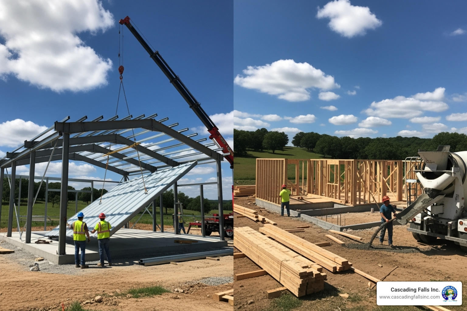 side-by-side comparison of prefab building kit and traditional construction site - prefab metal building construction side-by-side comparison of prefab building kit and traditional construction site - prefab metal building construction