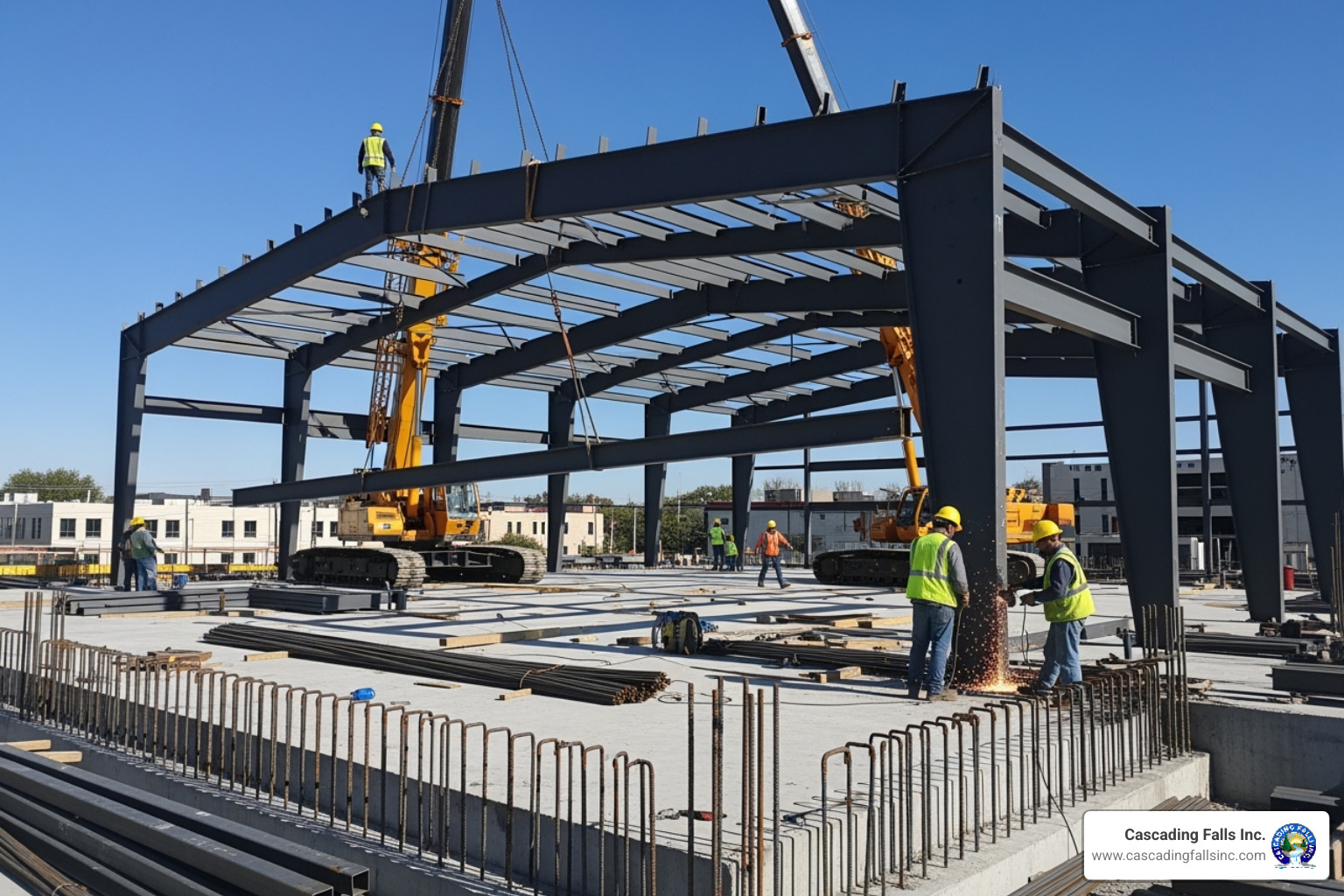 steel building frame being erected on a concrete slab - prefab metal building construction steel building frame being erected on a concrete slab - prefab metal building construction