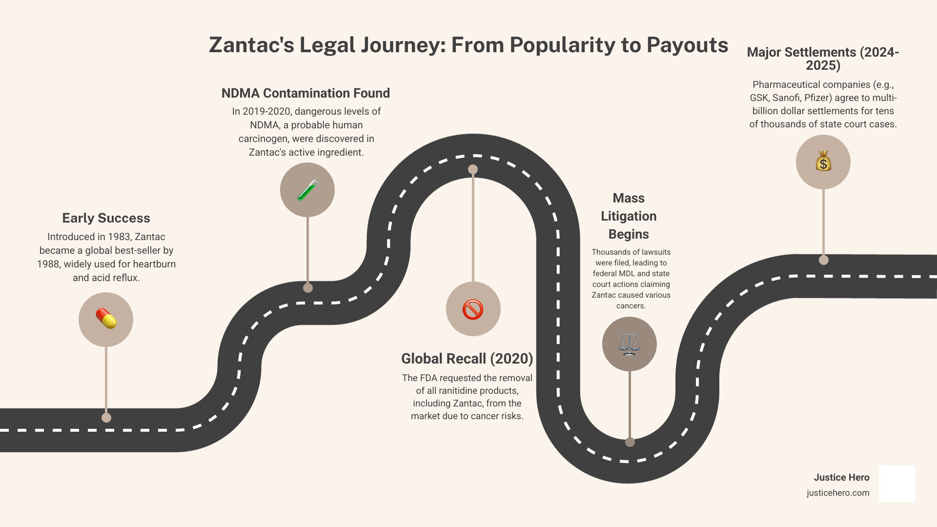 Comprehensive infographic showing the timeline from Zantac's introduction in 1983 through its recall in 2020 to the major 2024-2025 settlement agreements, including key dates, settlement amounts by manufacturer, and the progression from NDMA finding to final payouts - zantac settlement amounts infographic roadmap-5-steps Comprehensive infographic showing the timeline from Zantac's introduction in 1983 through its recall in 2020 to the major 2024-2025 settlement agreements, including key dates, settlement amounts by manufacturer, and the progression from NDMA finding to final payouts - zantac settlement amounts infographic roadmap-5-steps