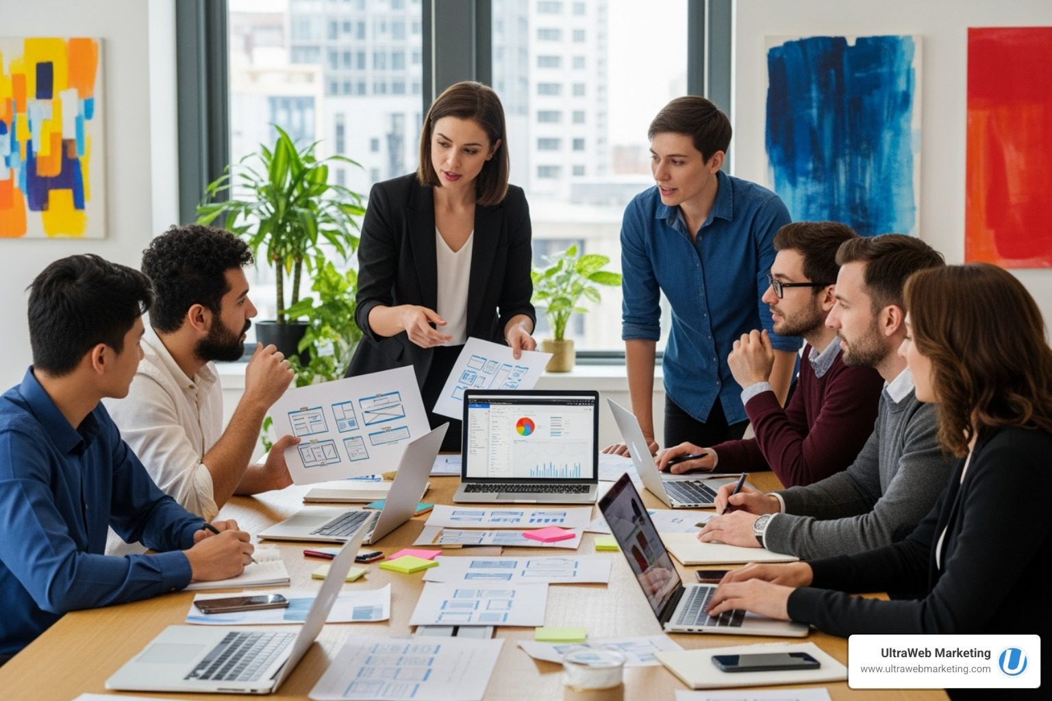 A diverse team of web designers and marketers collaborating around a table with wireframes and laptops. - local website design companies A diverse team of web designers and marketers collaborating around a table with wireframes and laptops. - local website design companies