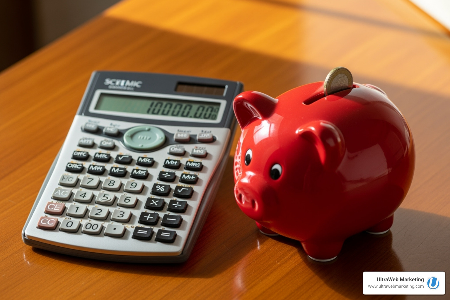 A calculator next to a piggy bank, symbolizing a smart investment in web design. - local website design companies A calculator next to a piggy bank, symbolizing a smart investment in web design. - local website design companies