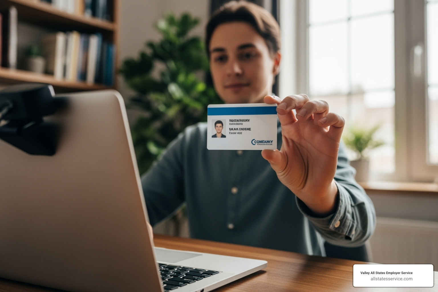 Remote employee holding ID to webcam - i-9 compliance services Remote employee holding ID to webcam - i-9 compliance services