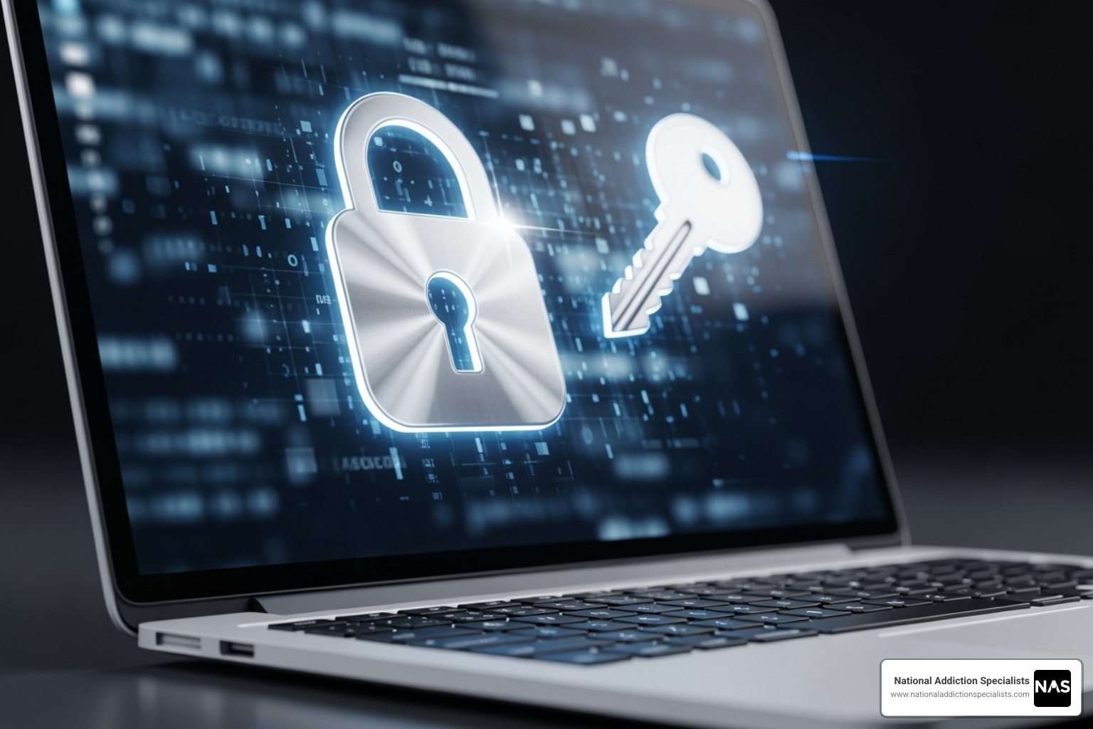 Digital lock and key superimposed on a laptop screen, symbolizing privacy and security - Virtual counseling sessions Digital lock and key superimposed on a laptop screen, symbolizing privacy and security - Virtual counseling sessions