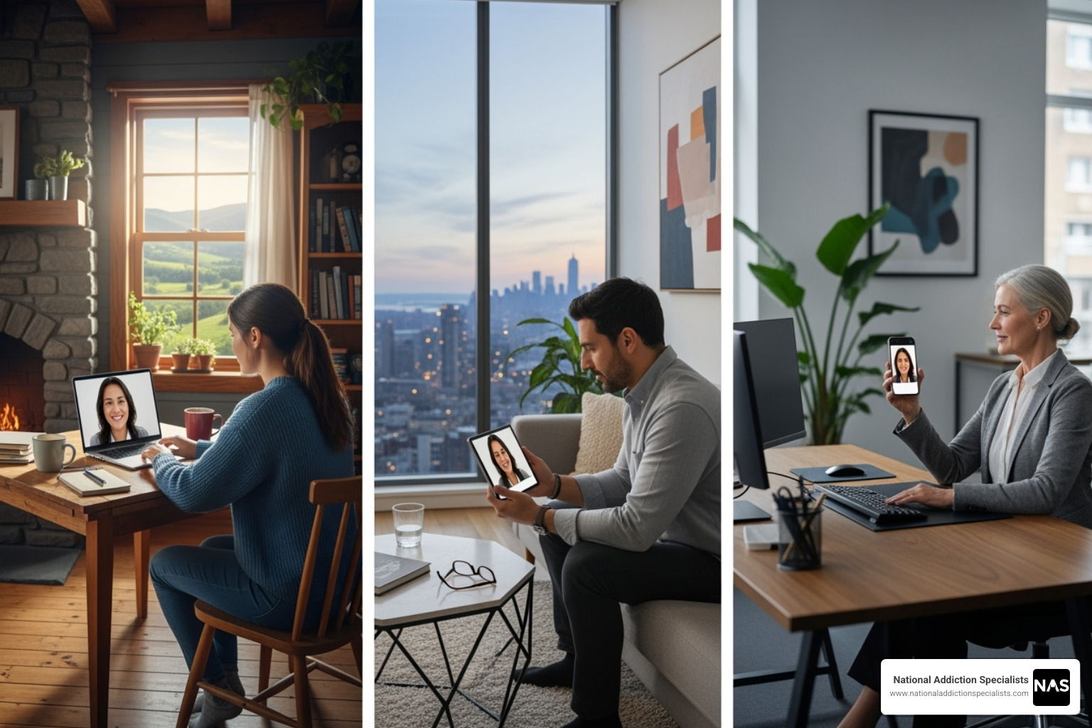 Diverse group of people in different settings (rural home, city apartment, office) all accessing therapy on their devices - Virtual counseling sessions Diverse group of people in different settings (rural home, city apartment, office) all accessing therapy on their devices - Virtual counseling sessions