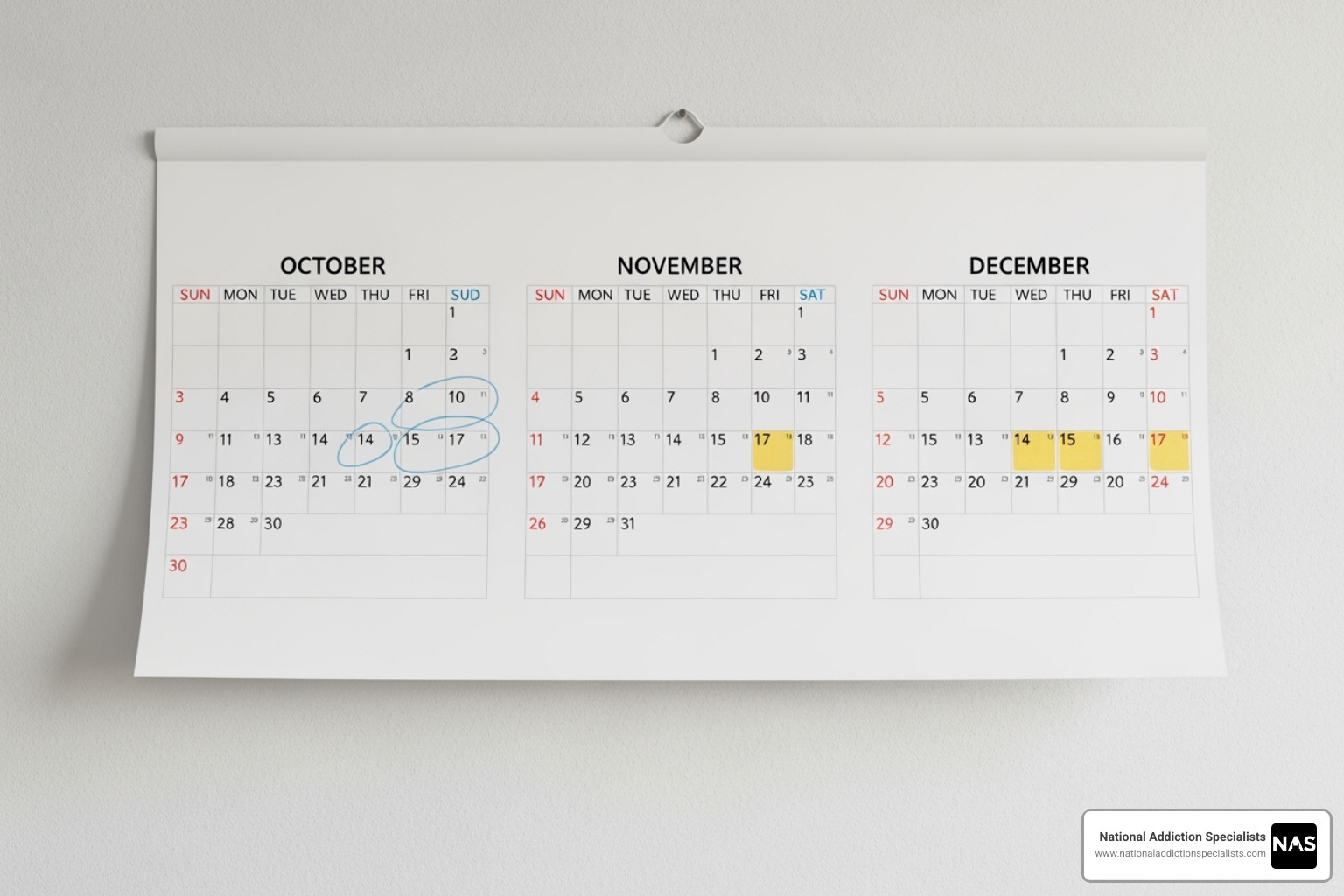 calendar with highlighted weeks and months to represent the PAWS timeline - Post-acute withdrawal syndrome