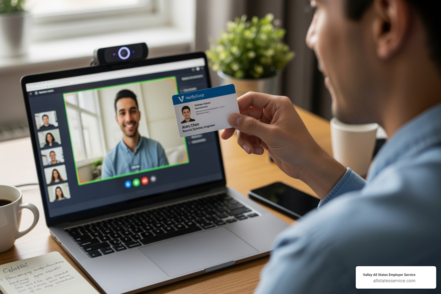 Remote employee holding ID to laptop for virtual verification - I-9 compliance training