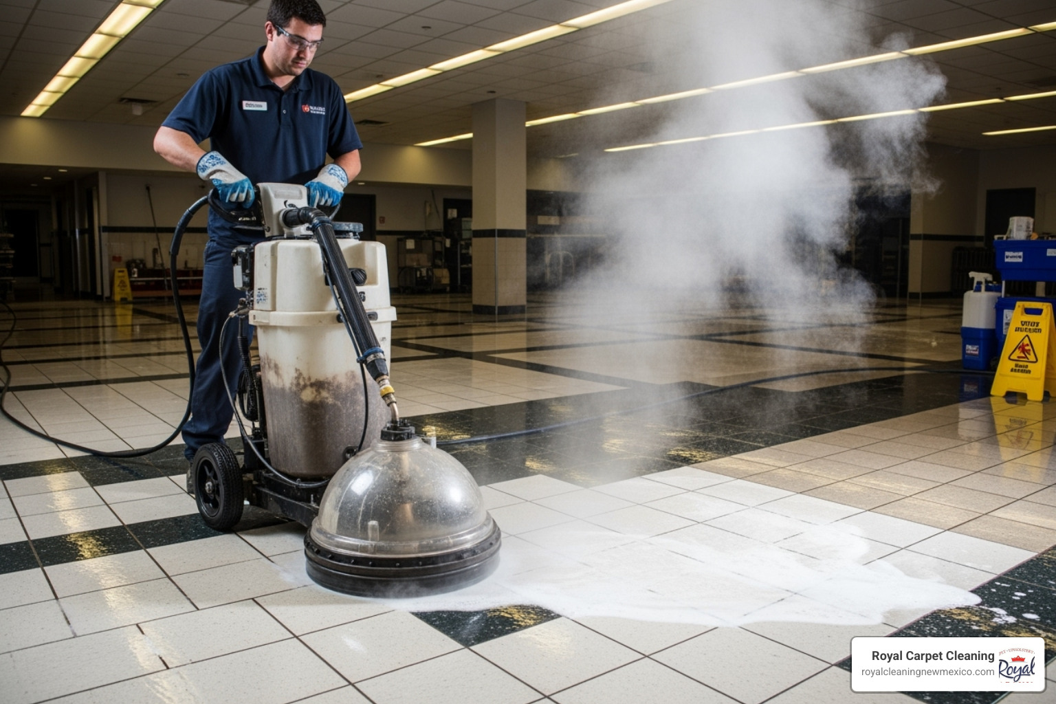 A technician using a high-pressure, hot water extraction tool on a tile floor, showing steam and water being removed - Commercial tile cleaning