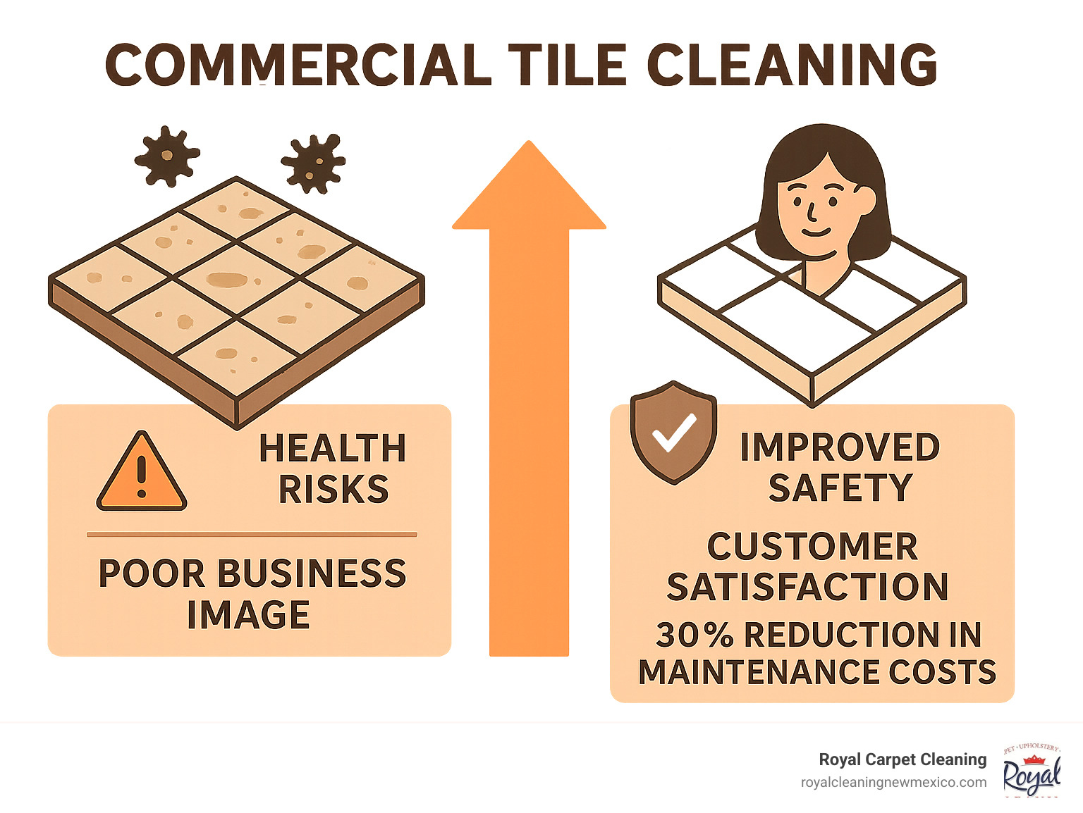 Infographic showing the progression from dirty tile with health risks and poor business image to clean tile with improved safety, customer satisfaction, and 30% reduction in maintenance costs through professional commercial tile cleaning services - Commercial tile cleaning infographic 