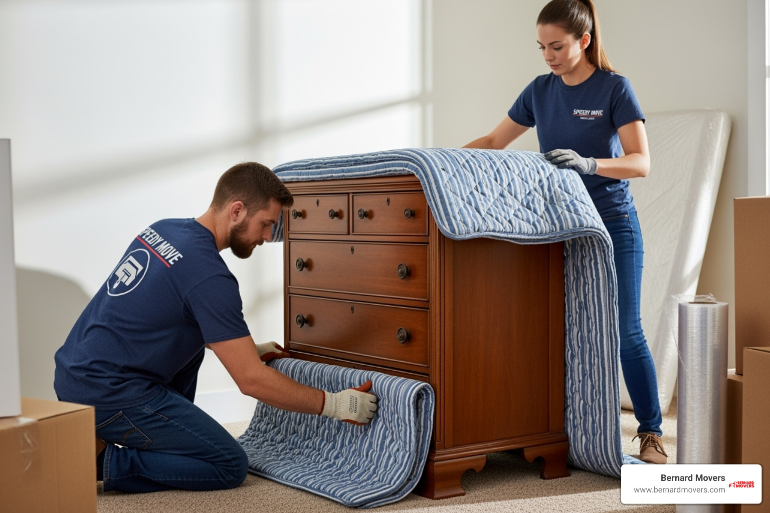 professional movers carefully quilt-wrapping a wooden dresser - moving companies weston fl