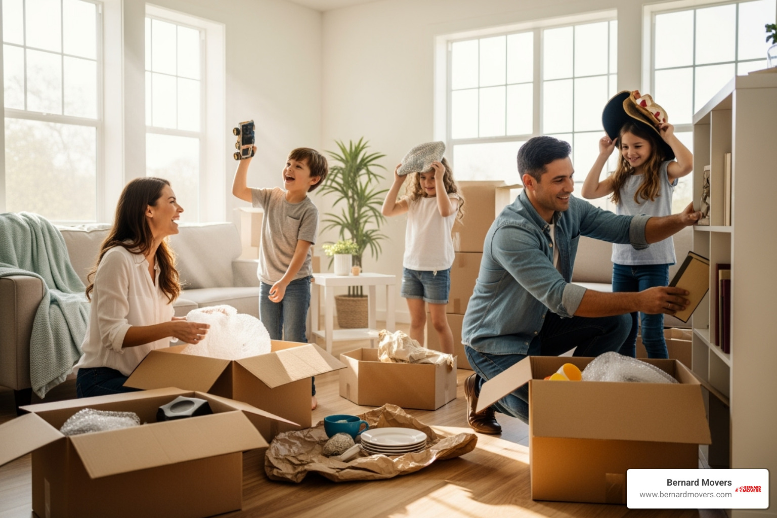 happy family unpacking boxes in a new home with a "Welcome to Florida" sign - moving companies weston fl