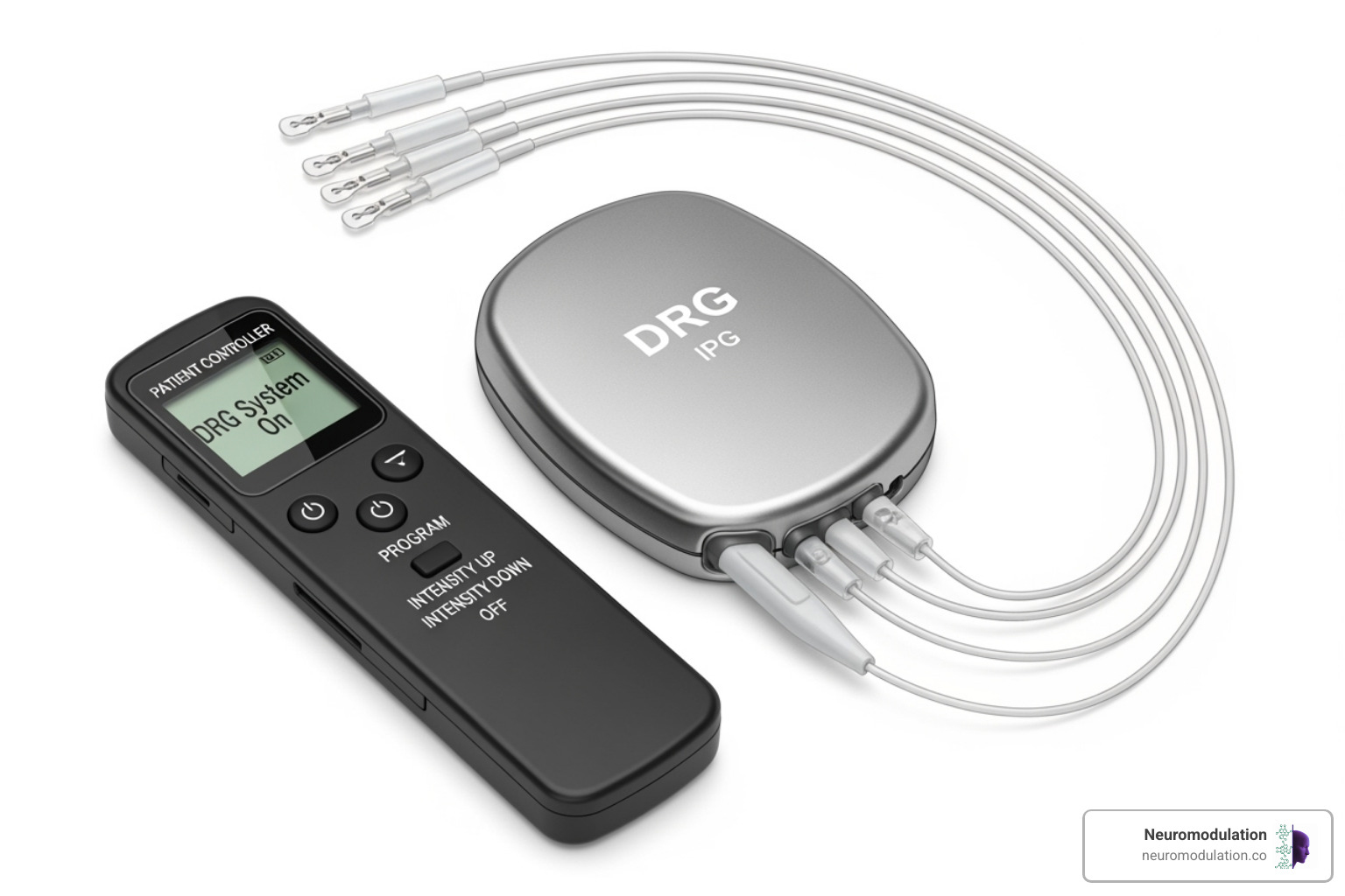 DRG implant system components with labels showing the IPG, leads, and external controller - drg implant