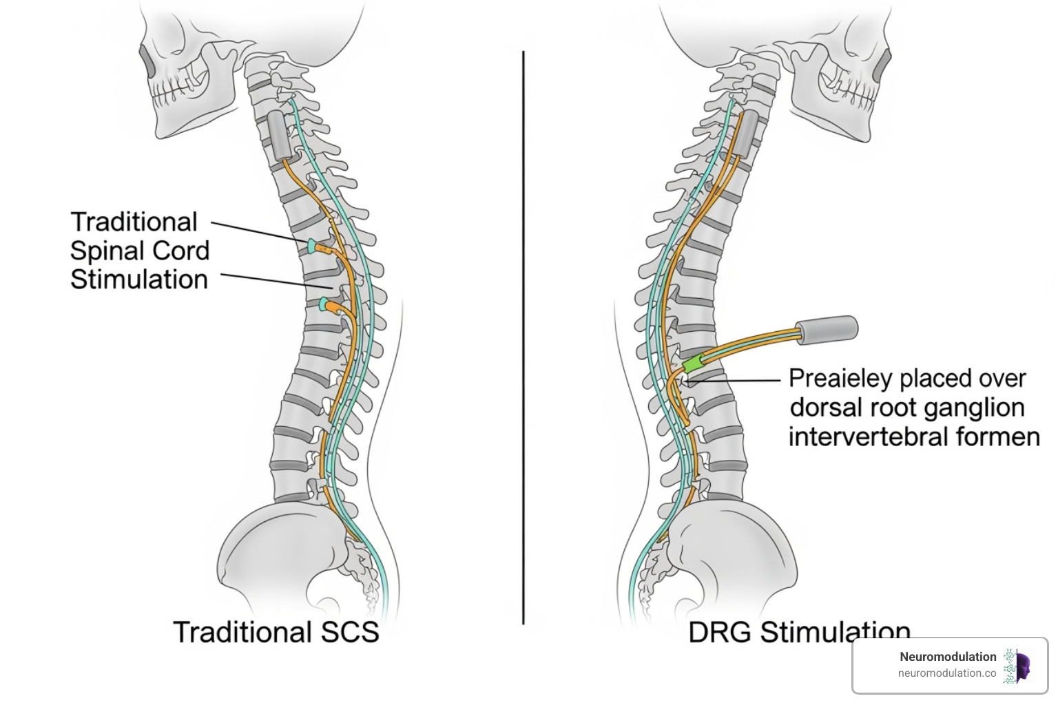 Comparison of DRG and SCS lead placement in the spine showing the distinct anatomical targets - drg implant